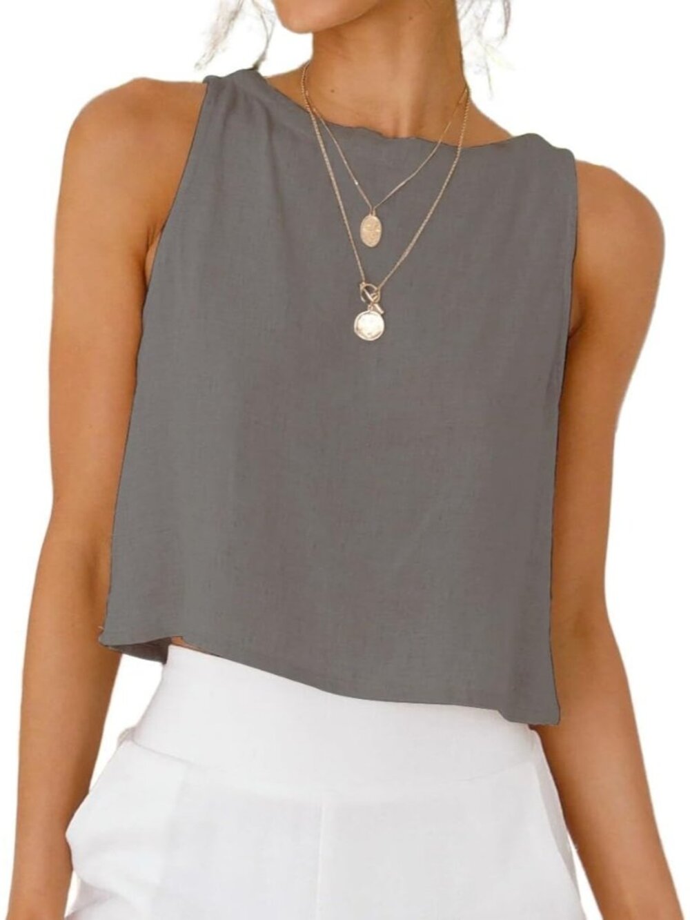 Women's Grey Button Linen Summer Beach Sleeveless Imported Tank Top